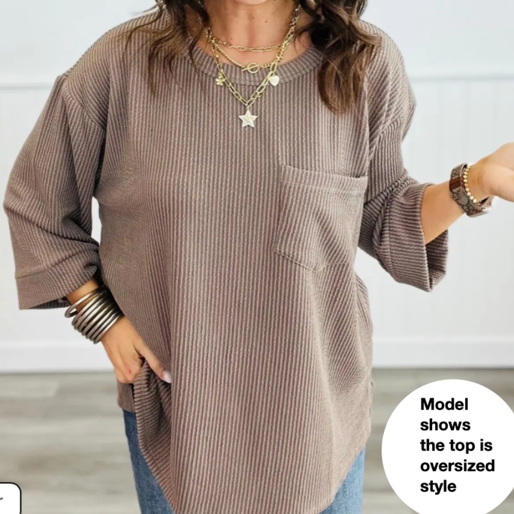 Andree by Unit ribbed 3/4 sleeve oversized grey top 1X |18-20